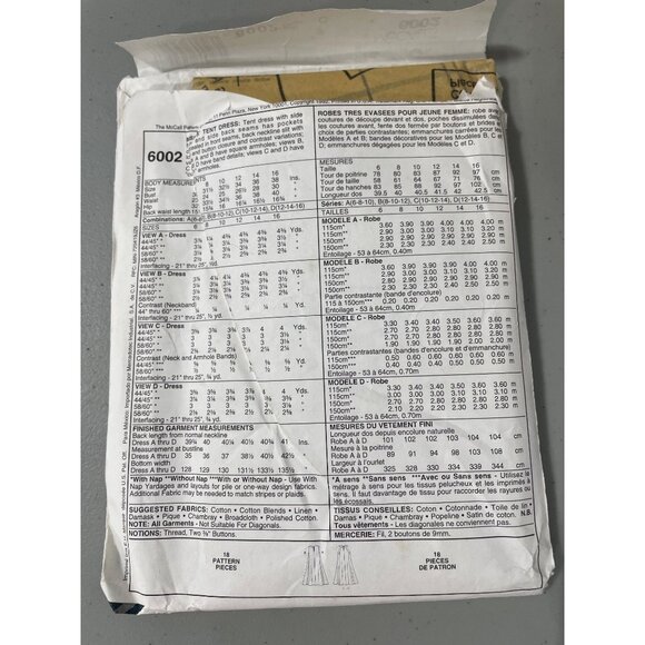 90s McCalls 6002 Sewing Pattern Tent Dress Size C 10-12-14 Vintage Retro UNCUT - Picture 4 of 6